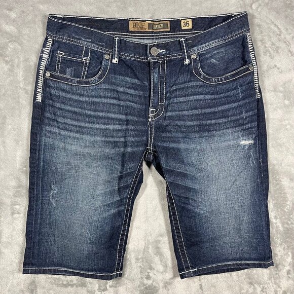 Bke Carter Mens Dark Wash Denim Jean Shorts 36 Distressed - Picture 1 of 8